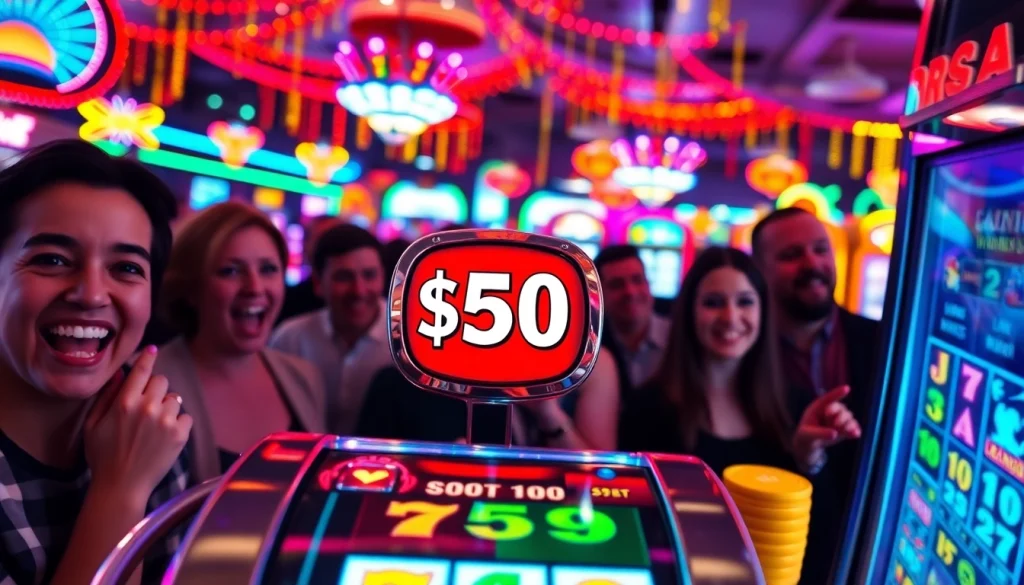 Pemain menikmati slot bet 50 di kasino dengan mesin slot yang bersinar.