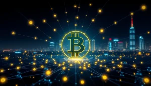 Comprendre bitcoin à travers un symbole Bitcoin illuminé au milieu d'une ville futuriste.