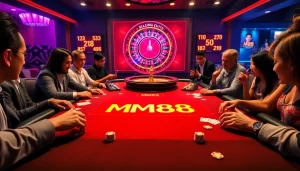 Players enjoying a thrilling game at an MM88 poker table, surrounded by vibrant casino decor.