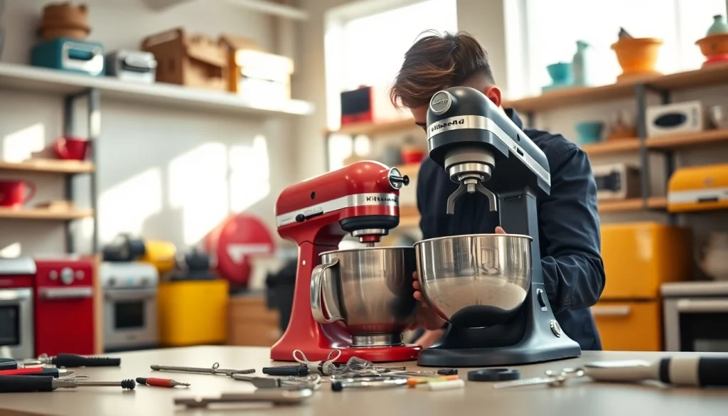 Skilled technician performing kitchenaid appliance repair ottawa amid professional workshop setting.