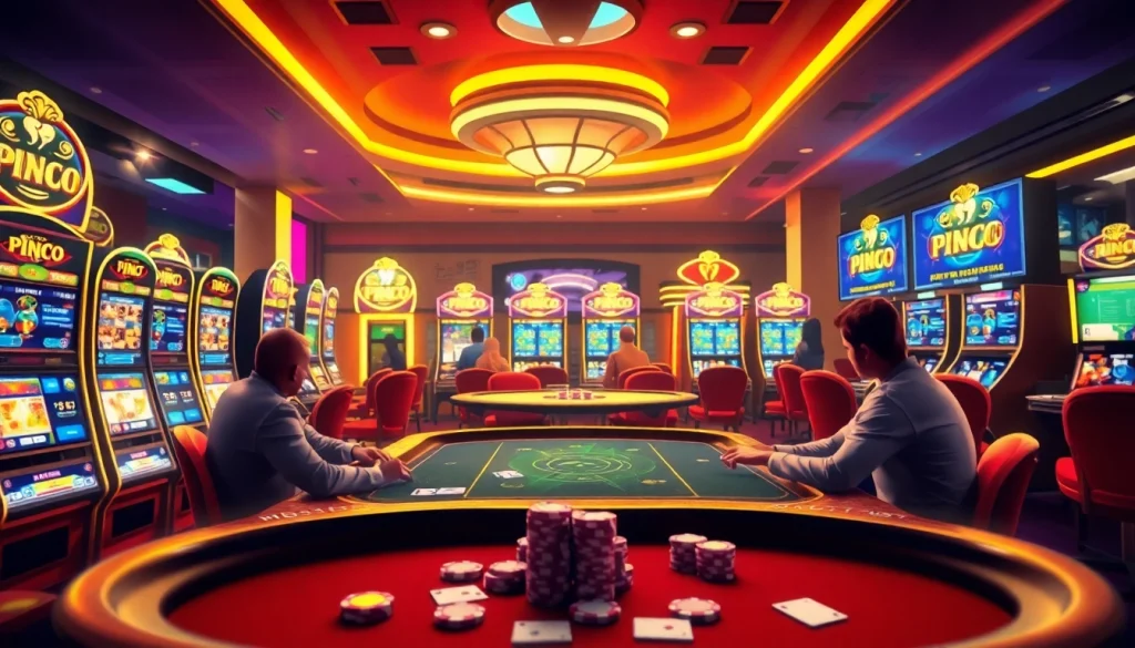 Pinco Casino promo kod təklif edən canlı kazino mühiti, oyunçular poker oynayır.