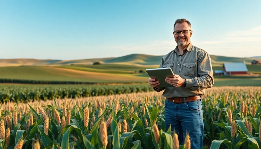 A farmer analyzing agriculture law on a tablet amidst a vibrant crop landscape.
