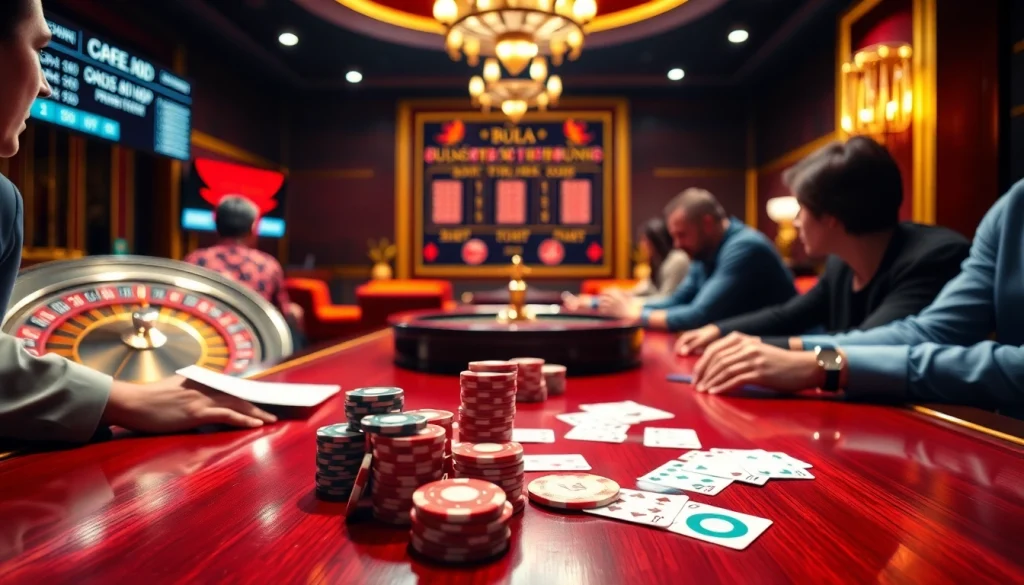 Engaging poker players strategizing with an immigration lawyer brisbane at a vibrant casino table.