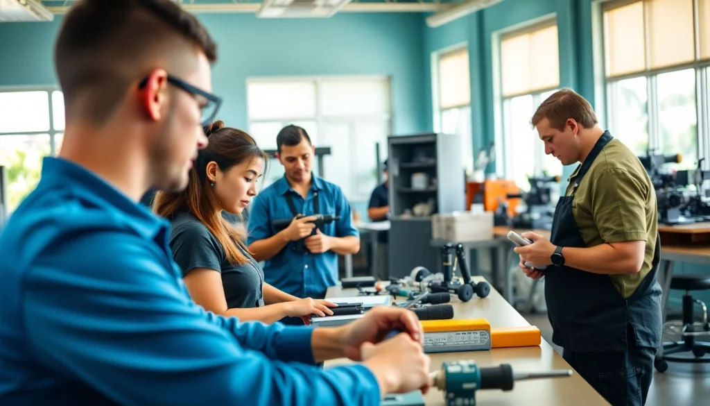 Showcase of trade schools in Hawaii with students actively learning practical skills in a bright classroom.