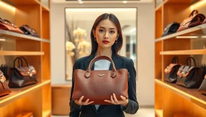 명품 이미테이션 가방을 세련된 부티크에서 선보이는 프로모델
