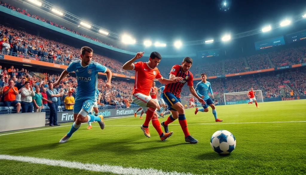 Dynamic soccer match scene with live action and vibrant colors, emphasizing ผลบอลสด7m.