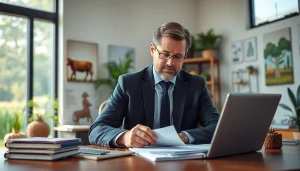 Agriculture lawyer reviewing documents in a bright office, symbolizing legal expertise in farming.