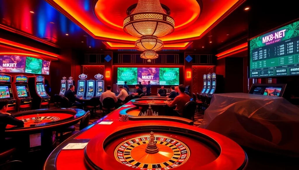 A dynamic casino scene with players at tables on mk8th.net, showcasing excitement and high-stakes betting.