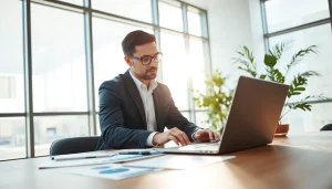 Analyze financial strategies with globalwealthscope.com in a modern office setting.