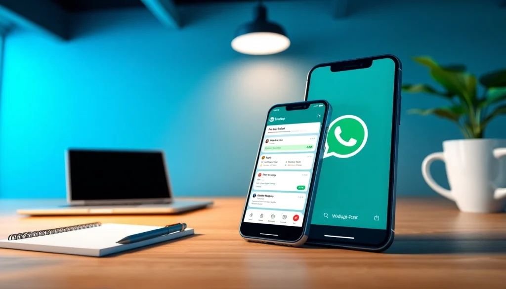 FM WhatsApp app interface on a smartphone in a modern workspace, showcasing innovative messaging features.