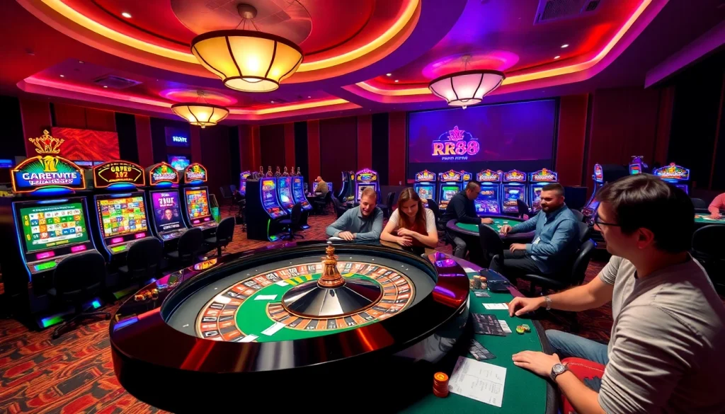 RR88 players enjoying a lively poker game with chips and excitement.