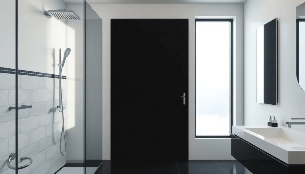 Enhance your bathroom with stylish black shower sliding door, showcasing minimalist design and modern features.