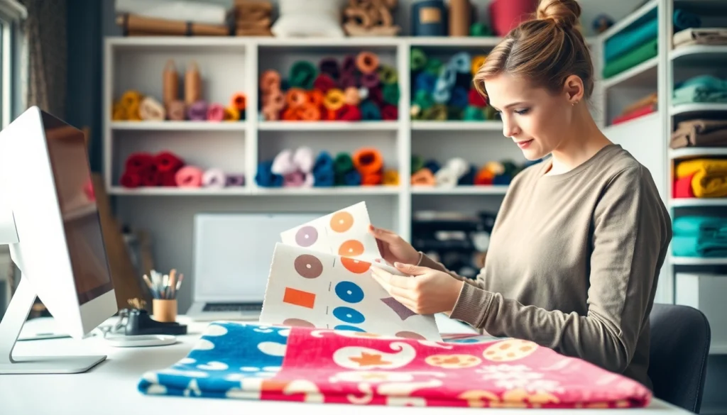 Bekijk gedessineerde fleece stoffen op een creatieve werkplek met kleurige patronen.