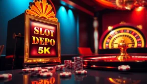 Memainkan Slot Depo 5K pada mesin slot kasino mewah dengan lampu berwarna-warni dan chip poker