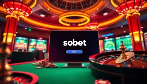 Sbobet login terbaru interface displayed in a vibrant casino atmosphere with roulette, chips, and betting cards.