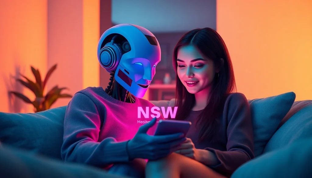 AI NSFW character engaging in a virtual conversation, featuring a cozy, modern digital interface.