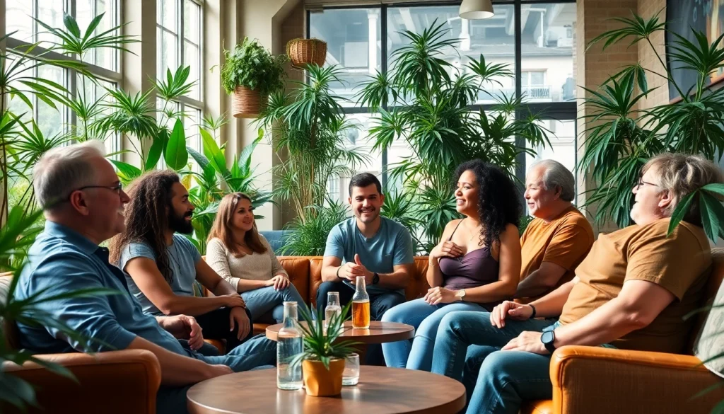 Un groupe de membres au Meltz Cannabis Club Madrid partageant des expériences dans une atmosphère conviviale.