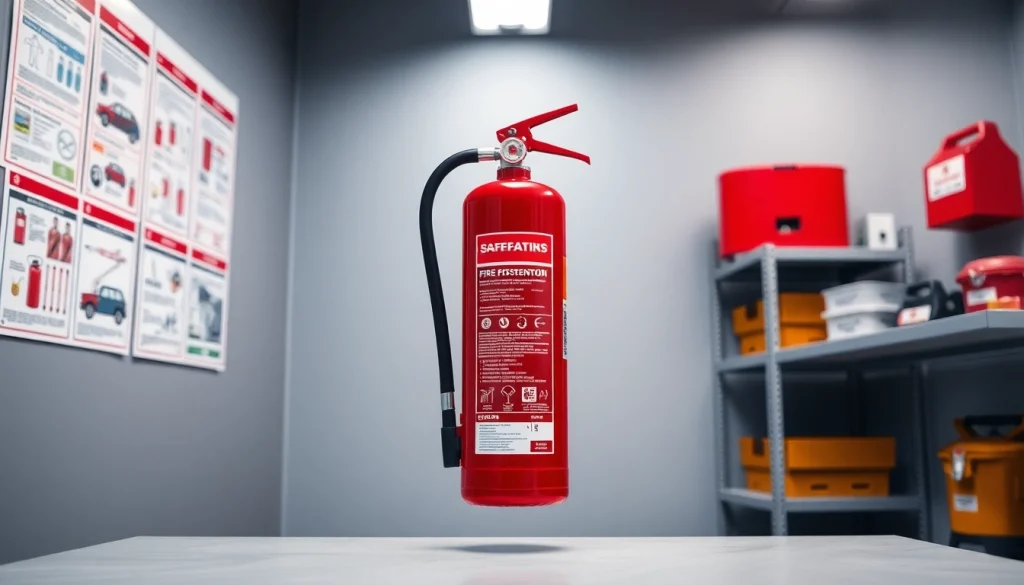 Showcase a pass fire extinguisher in a professional workspace emphasizing safety.