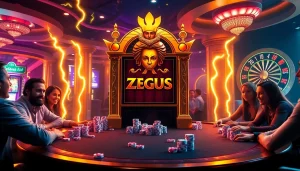 Rasakan sensasi slot zeus bersama para pemain di sekitar meja kasino yang ramai dan mesin slot yang menakjubkan.