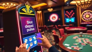 Engaged player using slot deposit pulsa on a modern, sleek slot machine in a luxurious casino setting.