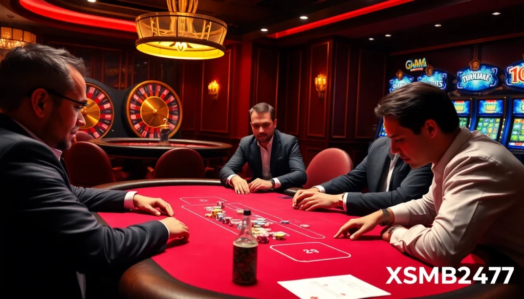 XSMB247 players strategizing at an upscale casino poker table, highlighting thrilling gambling action.