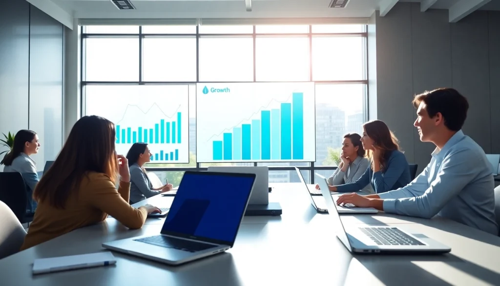 Gain business growth insights through a diverse team collaborating in a bright, modern workspace.