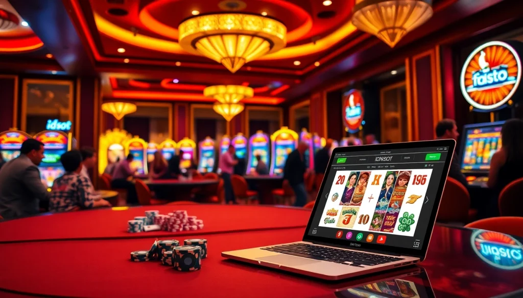 Exciting idnslot casino scene with colorful slot machines and vibrant poker chips.
