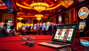Exciting idnslot casino scene with colorful slot machines and vibrant poker chips.