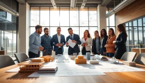 Dynamic meeting of a construction association collaborating over plans and blueprints.