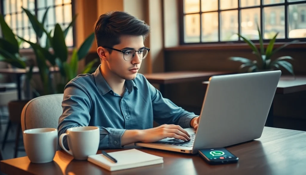 专业人士在温馨的咖啡馆环境中使用笔记本电脑上的 WhatsApp Web。