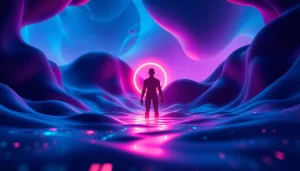 A captivating AI nsfw character in a futuristic digital landscape with vibrant colors and ambient lighting.