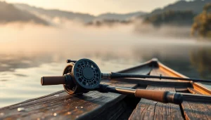 Showcasing a fly fishing combo on a serene lake at dawn, highlighting its features and atmosphere.