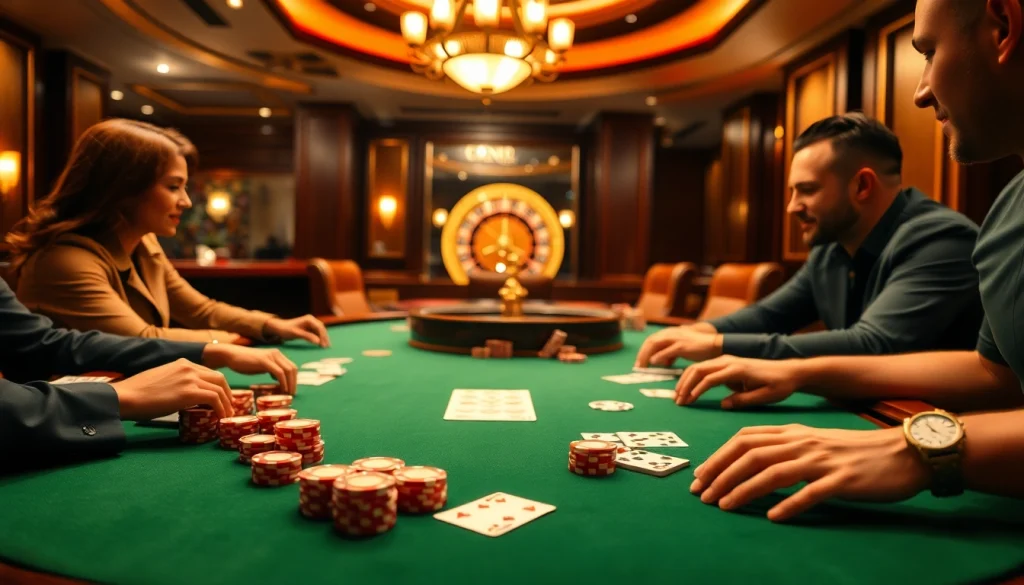 Engage in the thrilling poker game at https:/cm88.bz/ with players, chips, and a roulette wheel.