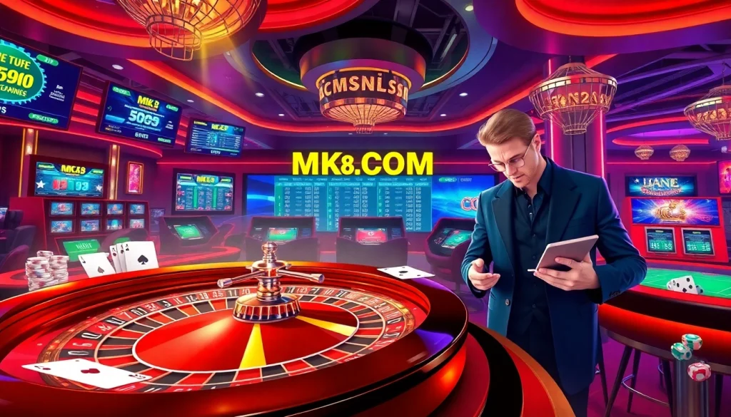 Engaging players at MK8.COM betting on roulette, showcasing casino excitement and luxury.