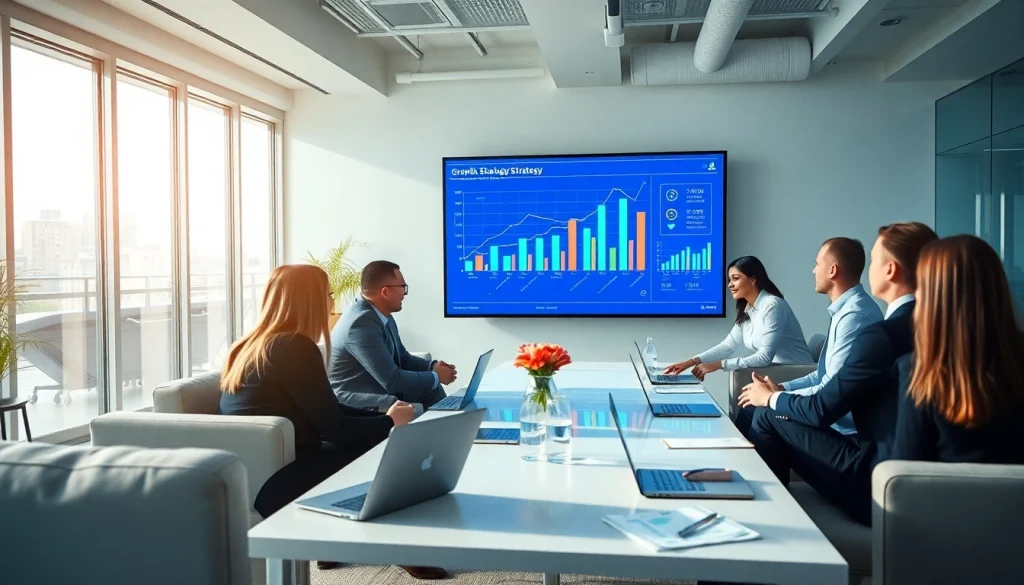 Executives engaged in vibrant discussions on growth strategy trends in a modern office.