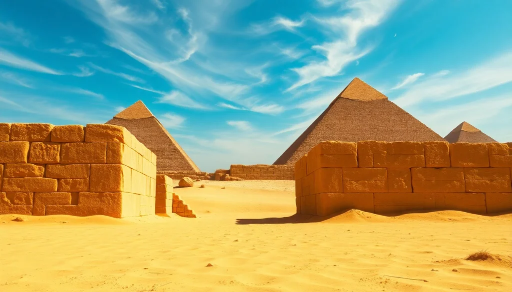 Explore the majestic piraminds amidst the vast desert, highlighting their historical and architectural significance.