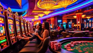 Para pemain menikmati mesin slot deposit pulsa yang mendebarkan dalam suasana kasino yang hidup.