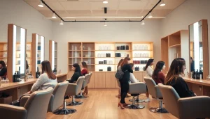 Omnia Salon's inviting interior showcasing hairstyling services and Aveda products.
