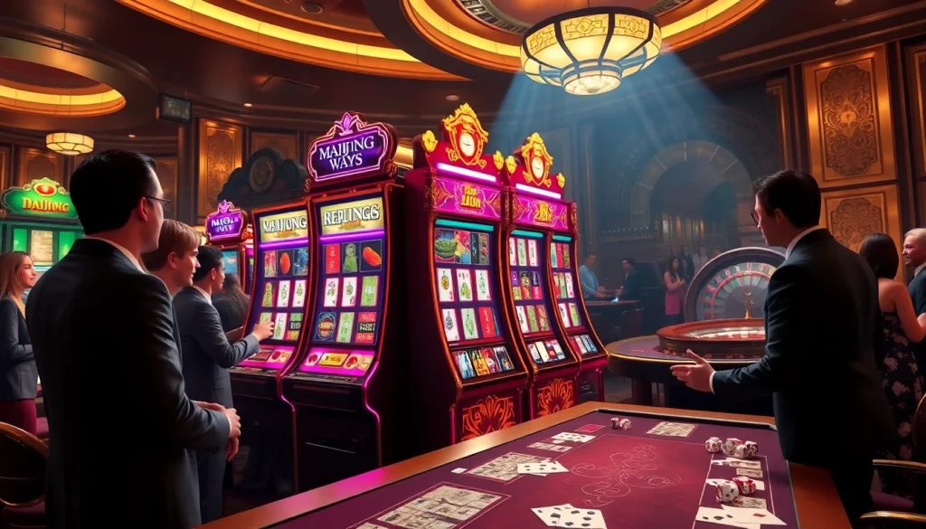 Players enjoying thrilling spins on the mahjong ways 2 slot machine amidst a vibrant casino ambiance.