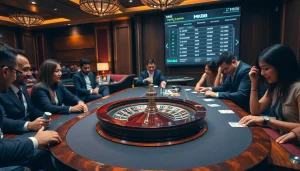 Engaged players at MK8 roulette table in a luxurious casino setting, showcasing excitement.