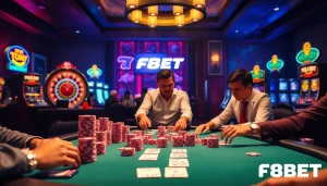 F8BET poker players focused on high-stakes action, vibrant casino scene.
