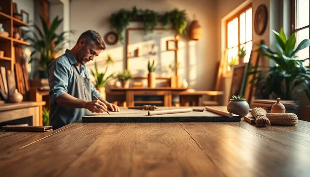 Artisan working on the wood veneer hub, showcasing elegant craftsmanship in a warm workspace.