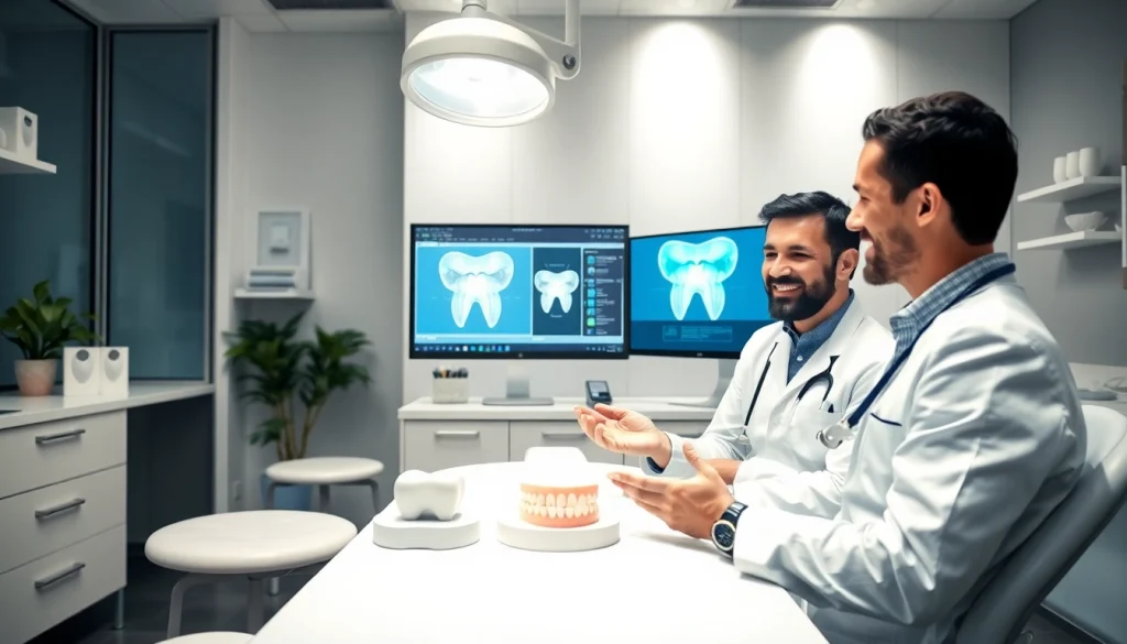 キレイライン矯正 口コミ consultation in a modern dental clinic with a friendly dentist explaining treatment options.