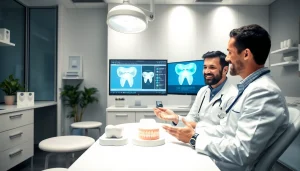 キレイライン矯正 口コミ consultation in a modern dental clinic with a friendly dentist explaining treatment options.