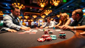 Engaging scene illustrating the best online casinos in Manitoba with players enjoying lively poker games and vibrant casino atmosphere.