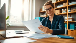 Accelerate fast warranty claim decisions with a professional reviewing documents in a bright office setting.