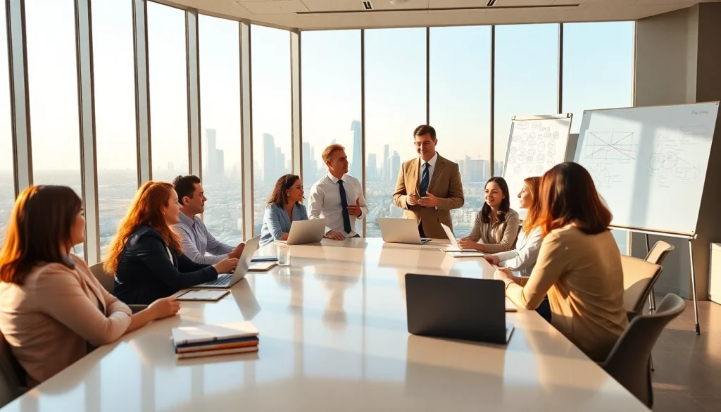 Business coach Los Angeles facilitating a dynamic group coaching session in a modern office.