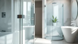 Admiring elegant shower doors featuring sleek design and reflective glass in a modern bathroom.