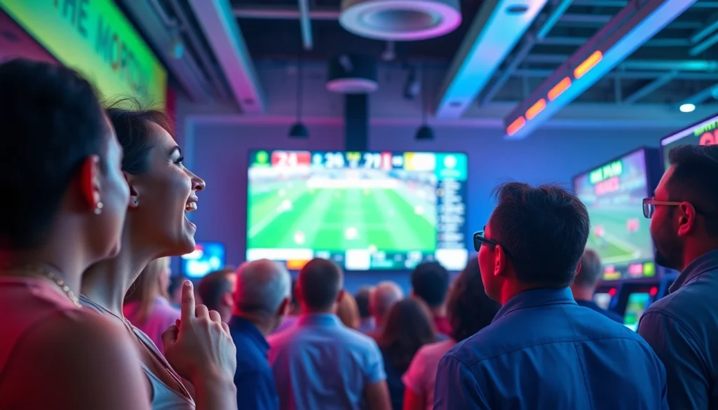 Dynamic scene of sports betting in South Carolina, featuring enthusiasts cheering during live events.