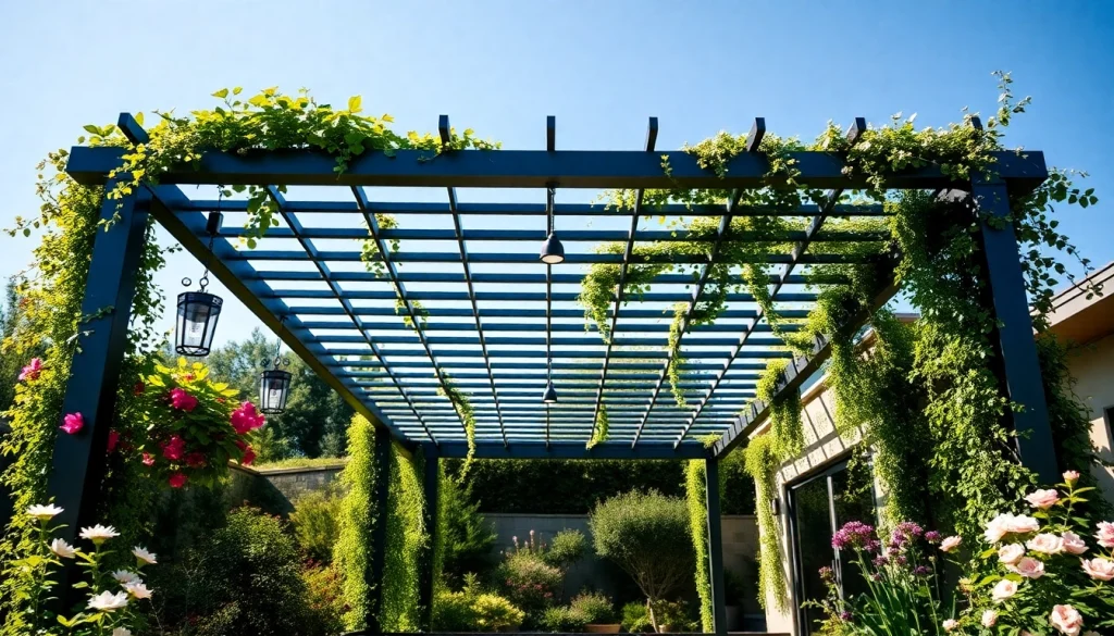 Experience the beauty of a modern steel pergola surrounded by greenery and flowers.